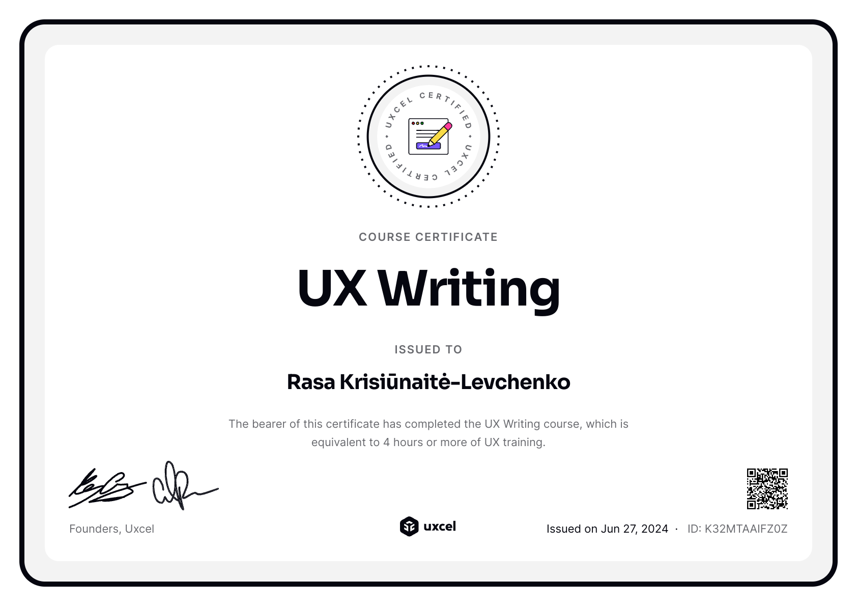 Rasa Krisiūnaitė-Levchenko's certificate